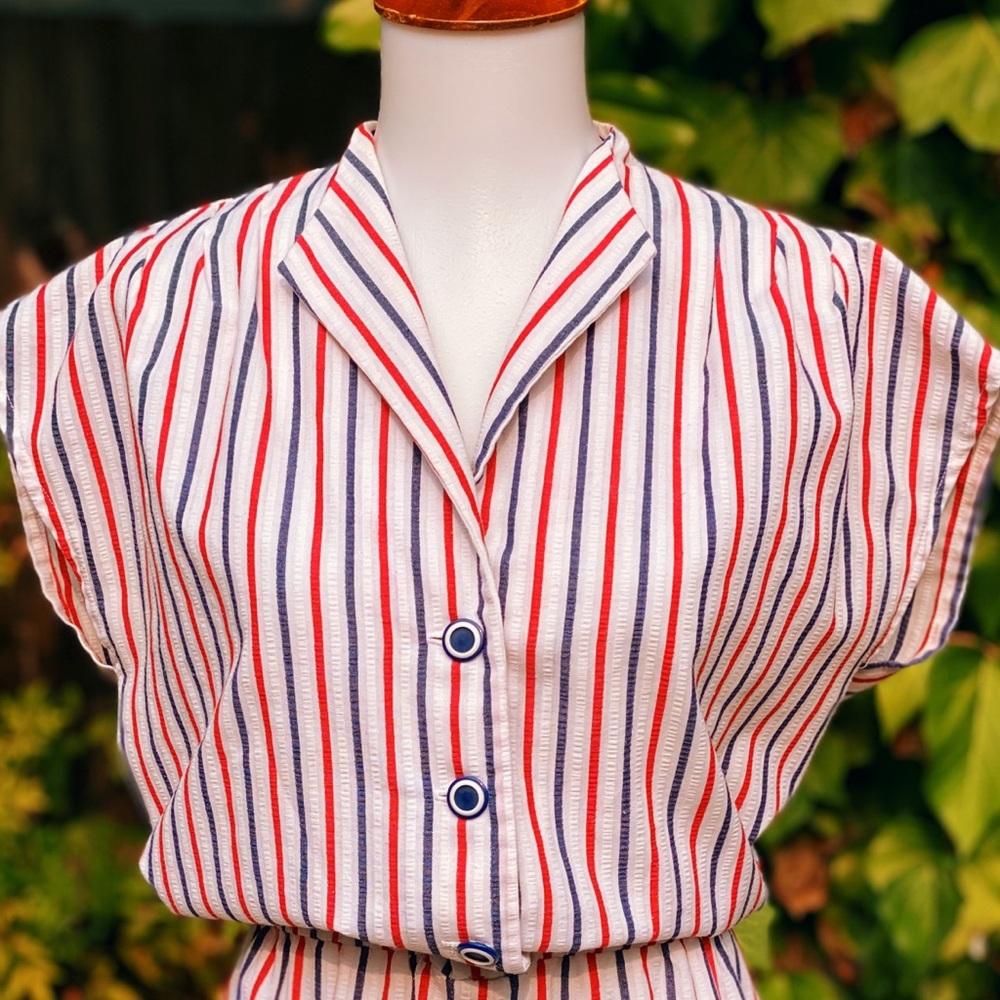 SOLD 1980s Red White & Blue Cap Sleeve Romper - Picture 7 of 9